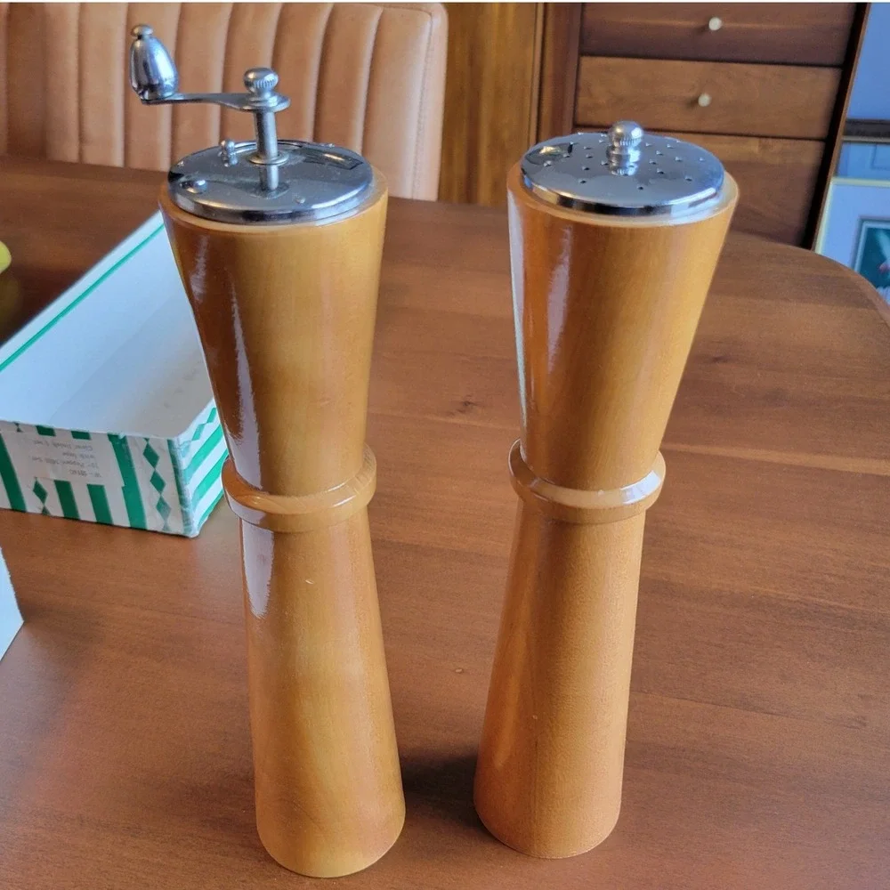 Vintage Wood Salt Shaker and Pepper Mill Set Made in Japan 10in MCM Original Box